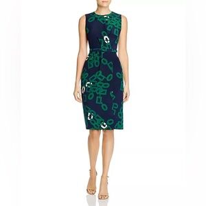Lafayette 148 Jude Silk Belted Dress | Navy & Green Print | Size 14